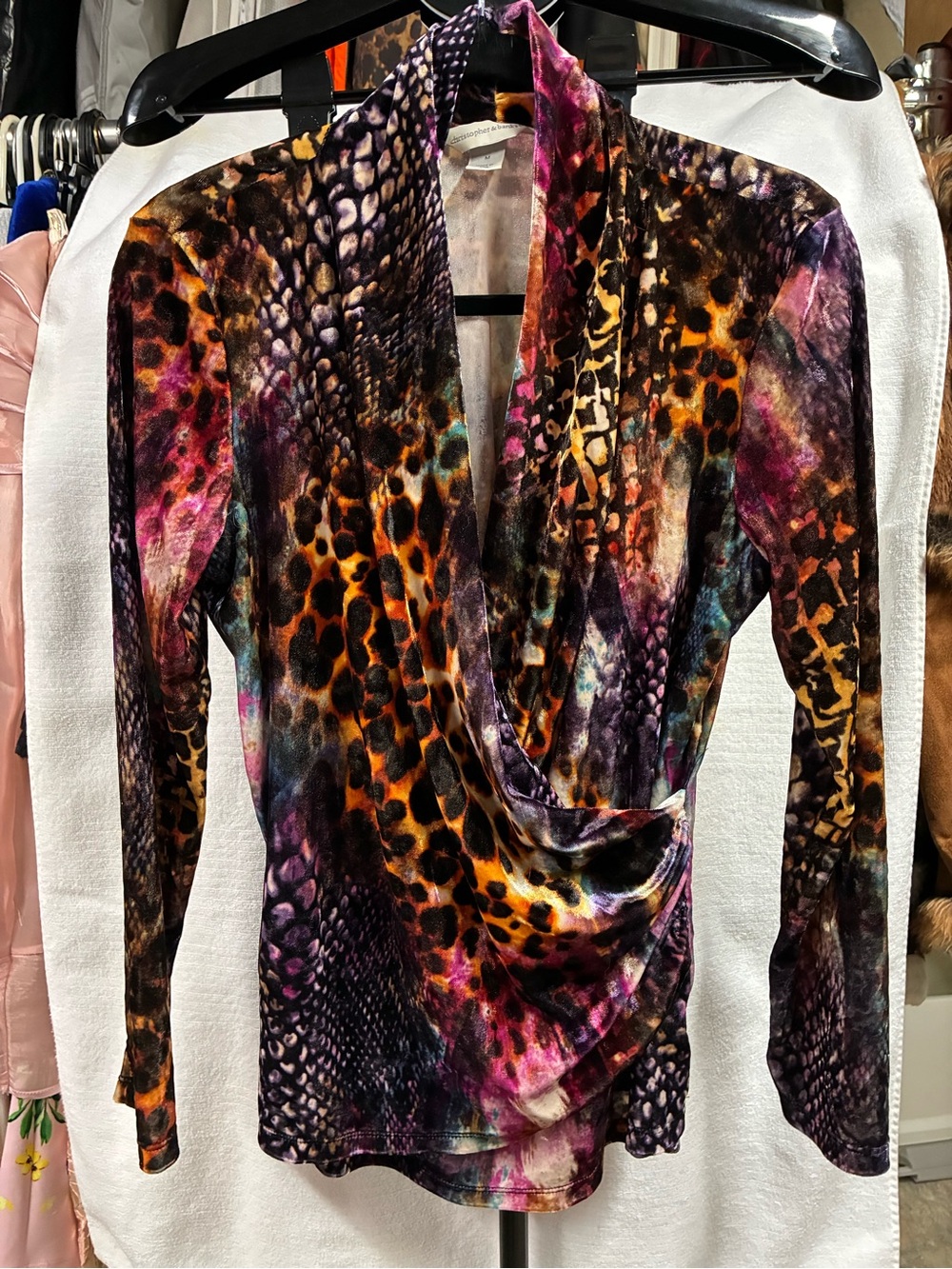 Women’s Multicolor Animal-Print Drape Front Top. Velvet, surplus drape front.